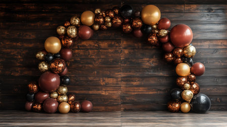 A stunning balloon arch featuring warm earthy tones and glossy finishes, perfect for enhancing any celebration or event, designed to create a festive atmosphere.の素材