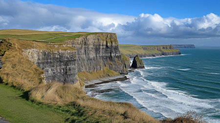 Majestic coastal cliffs rise dramatically above turquoise waters, showcasing the natural beauty of Irelandの素材