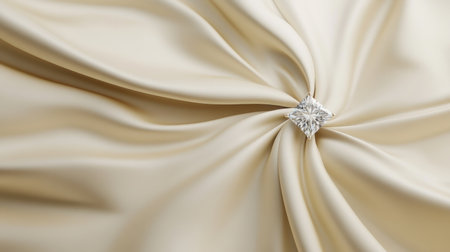 A stunning diamond ring sits elegantly on smooth satin fabric in a soft beige color, showcasing a luxurious and refined aesthetic perfect for fashion or jewelry themes.の素材