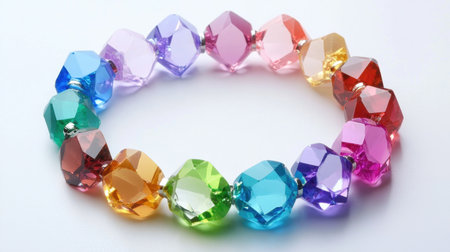 This stunning bracelet features an array of colorful crystal beads arranged in a circular shape. Each gemstone reflects light beautifully, adding a vibrant flair. Perfect as a fashion accessory or gift, it showcases creativity and elegance.の素材