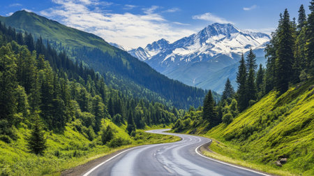 A picturesque winding road meanders through a vibrant green valley, embraced by towering snow-capped mountains and a bright blue sky, ideal for exploration.の素材