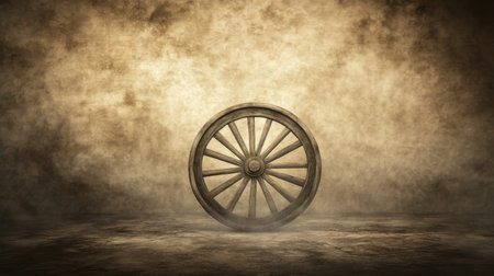 A vintage wooden wheel stands prominently against a textured background, surrounded by soft smoke and ambient lighting, evoking themes of art and history.の素材