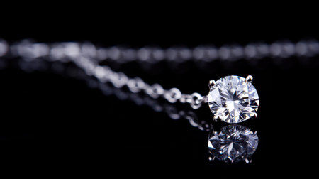 This striking image captures a close-up view of a diamond pendant resting on a glossy surface, showcasing its exquisite shine and intricate detail.の素材