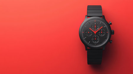 This image features an elegant black chronograph watch resting on a vibrant red background. Ideal for fashion and accessory showcases, the design highlights modern style and precision.の素材