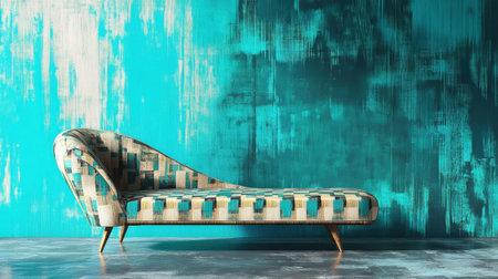 A stylish vintage chaise lounge with intricate upholstery rests against a vibrant turquoise textured wall, creating a unique and inviting atmosphere for modern interiors.の素材