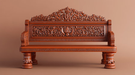 This beautifully crafted wooden bench showcases intricate carvings and ornate designs, perfect for enhancing any indoor space with elegance and style.の素材