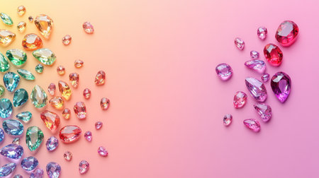 A stunning display of colorful gems and crystals arranged artistically on a soft gradient background, showcasing their beauty and sparkle. Perfect for designs.の素材