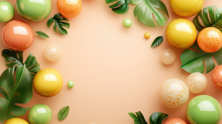 A vibrant arrangement of colorful spheres and lush green leaves rests on a soft peach background, creating a cheerful and lively atmosphere perfect for design projects.の素材