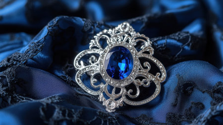 This exquisite silver brooch features a stunning blue gemstone and intricate design, resting on rich blue fabric, highlighting elegance and luxury.の素材