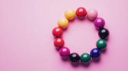 This vibrant arrangement of colorful beads forms a perfect circle on a soft pink background, ideal for creative projects and design inspirations.の素材
