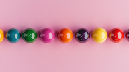A vibrant arrangement of colorful round orbs in a neat row on a soft pink background, perfect for decoration or design projects that crave a cheerful aesthetic.の素材