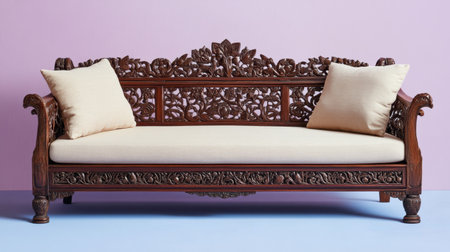 This stunning wooden sofa showcases intricate carvings and comfortable cushions, set against a pastel background, ideal for elegant interior spaces.の素材
