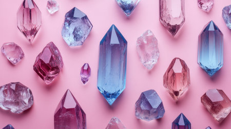 A vibrant array of colorful crystals displayed on a soft pink background. This image captures the beauty and uniqueness of each gem, ideal for art projects.の素材