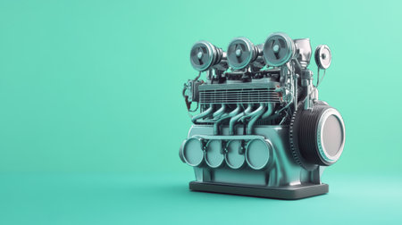 This stunning image showcases a detailed engine model against a vibrant turquoise backdrop. The design emphasizes the intricate components and technological elements, making it perfect for automotive or engineering themes.の素材