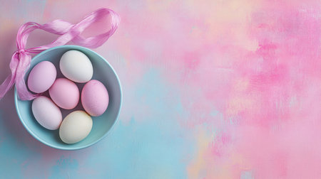 A serene composition featuring colorful Easter eggs arranged in a bowl, accented by a pink ribbon on a soft pastel background, creating a joyful springtime atmosphere.の素材