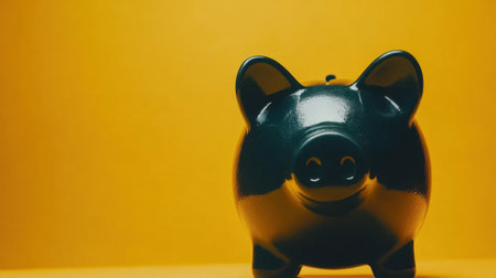 This image features a sleek black piggy bank against a vibrant yellow background, symbolizing the importance of saving money and financial planning for future prosperity.の素材