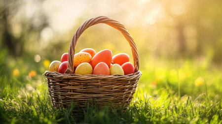 A beautiful basket filled with colorful Easter eggs sits on lush green grass, illuminated by soft sunlight, symbolizing spring and festive joy.の素材