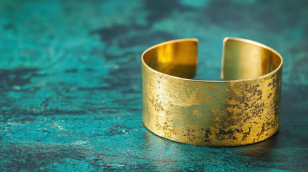This stunning gold cuff bracelet features a unique textured surface, resting majestically on a vibrant turquoise background, embodying elegance and artistry.の素材