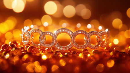 A stunning silver bracelet with circular designs sits elegantly on a bed of sparkling gold and orange bokeh lights, creating a warm, festive atmosphere.の素材