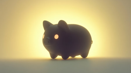 This adorable black piggy bank with glowing eyes creates a whimsical atmosphere, symbolizing savings and financial growth in an artistic design.の素材