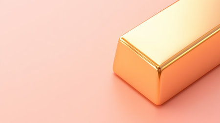 A sleek and shiny gold bar rests on a soft pink background, representing wealth and investment. This image conveys luxury and elegance, ideal for finance themes.の素材