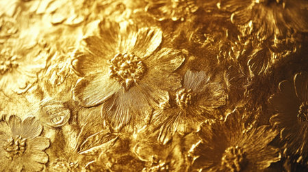 A close-up image showcasing an intricate golden floral texture with embossed flower patterns. Ideal for elegant and luxurious background designs and artistic projects.の素材