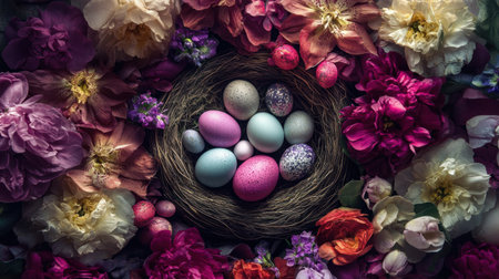 A stunning arrangement featuring pastel Easter eggs nestled in a natural nest surrounded by a tapestry of colorful spring flowers, perfect for seasonal decoration.の素材