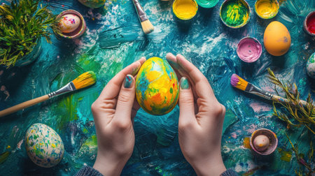 A pair of hands gently hold a brightly decorated Easter egg, surrounded by an array of vibrant paints and brushes on a colorful art surface, evoking creativity.の素材