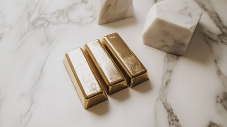 Three luxurious gold bars are prominently displayed on a sophisticated marble surface alongside geometric sculptures, symbolizing wealth and investment opportunities.の素材