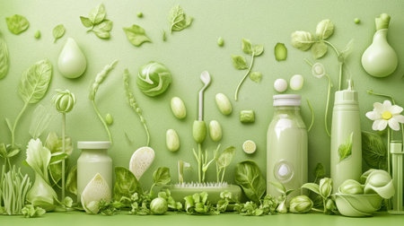 An artistic display of vibrant green natural ingredients in bottles and various plants, showcasing a fresh and healthy lifestyle on a soft green background.の素材