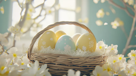 A beautiful arrangement of colorful Easter eggs in a woven basket, surrounded by delicate white flowers, capturing the essence of spring and celebration.の素材
