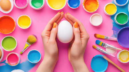 This vibrant image showcases hands holding a white egg surrounded by colorful paints and brushes on a bright pink surface, perfect for creative projects.の素材