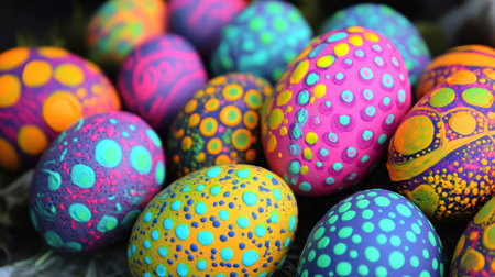 A collection of vibrant hand-painted Easter eggs featuring vivid colors and unique patterns, perfect for spring celebrations and holiday decor.の素材