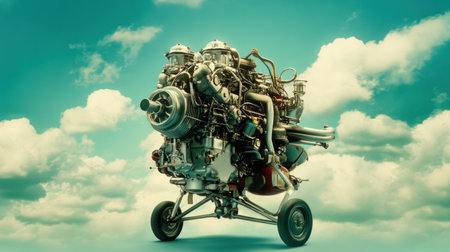 This image showcases a detailed engine model framed against a bright blue sky filled with clouds, highlighting the intricate design and mechanical components.の素材