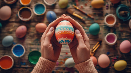 An engaging scene featuring a person holding a beautifully painted Easter egg, surrounded by an array of colorful paints and tools on a rustic wooden table.の素材