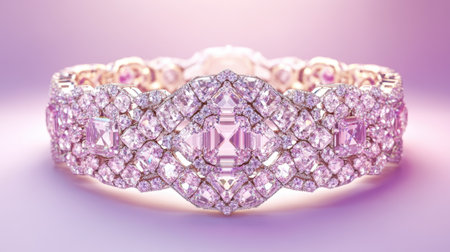 A stunning pink diamond bracelet featuring intricate details and sparkling gems, set against a soft gradient background, perfect for luxury jewelry displays.の素材