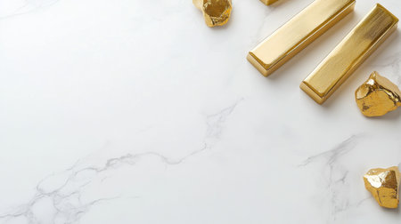 This elegant image features shiny gold bars and nuggets arranged on a white marble surface, symbolizing luxury, wealth, and high value in finance and investment themes.の素材