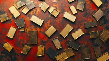An artistic arrangement of assorted gold and bronze rectangles scattered on a textured red and black background, ideal for creative design projects.の素材