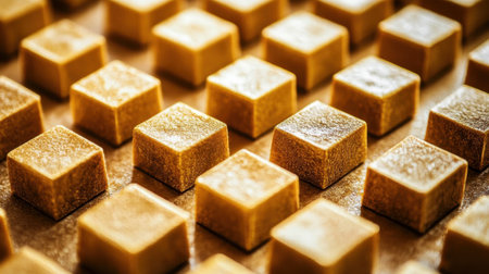 A stunning close-up image of golden sugar cubes neatly arranged on a rustic wooden surface. Ideal for food and culinary projects, this image captures the perfect texture and quality of this essential baking ingredient.の素材