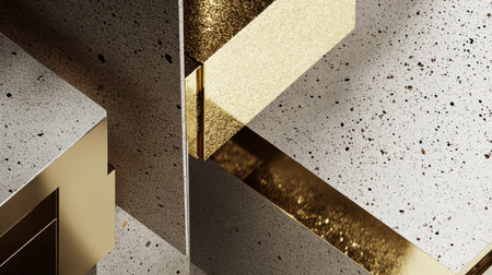 A close-up view of abstract geometric shapes in gold and gray, highlighting the interplay of textures and surfaces for a sophisticated artistic backdrop.の素材