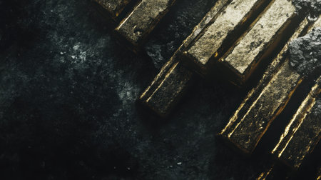 Close-up view of metallic gold bars resting on a dark textured surface, creating a striking contrast that symbolizes luxury and wealth, making it ideal for various creative projects.の素材