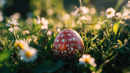 A vibrant red Easter egg with intricate white patterns rests on a lush green grass field, surrounded by delicate white flowers, bathed in golden sunlight.の素材