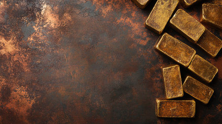 A captivating arrangement of shining gold bars set against a rustic brown textured background, ideal for themes of wealth and luxury in financial contexts.の素材