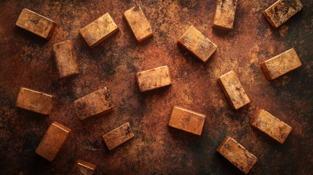 A captivating overhead view of scattered gold bars on a rich brown textured background, representing wealth and luxury in a striking visual format.の素材