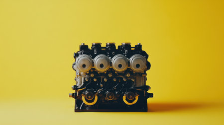 This vibrant image showcases an engine block on a bold yellow background, emphasizing modern engineering design and automotive innovation for various applications.の素材