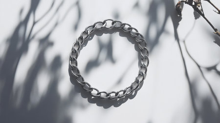 This artistic image features a shiny silver chain bracelet resting on a minimalist background, enhanced by natural shadow patterns and soft light.の素材