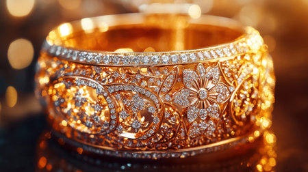 This stunning gold bracelet features an intricate floral design adorned with sparkling diamonds, creating a captivating piece of jewelry that embodies elegance and luxury.の素材
