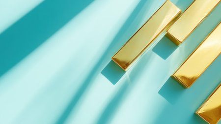 This image features an elegant arrangement of golden bars casting striking shadows on a turquoise background, highlighting modern design elements and luxury.の素材