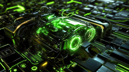 This image features a futuristic technology engine with a neon green glow, set against a sleek and dark metallic surface, emphasizing innovation and design.の素材
