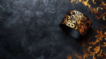 This stunning black and gold floral design features intricate patterns on a dark surface, perfect for use in artistic and luxurious projects.の素材